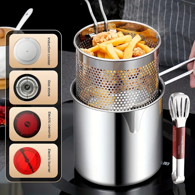 Stainless Steel Deep Fryer Pot with Strainer – 1200ML Heavy-Duty Frying Pan | PakEStore