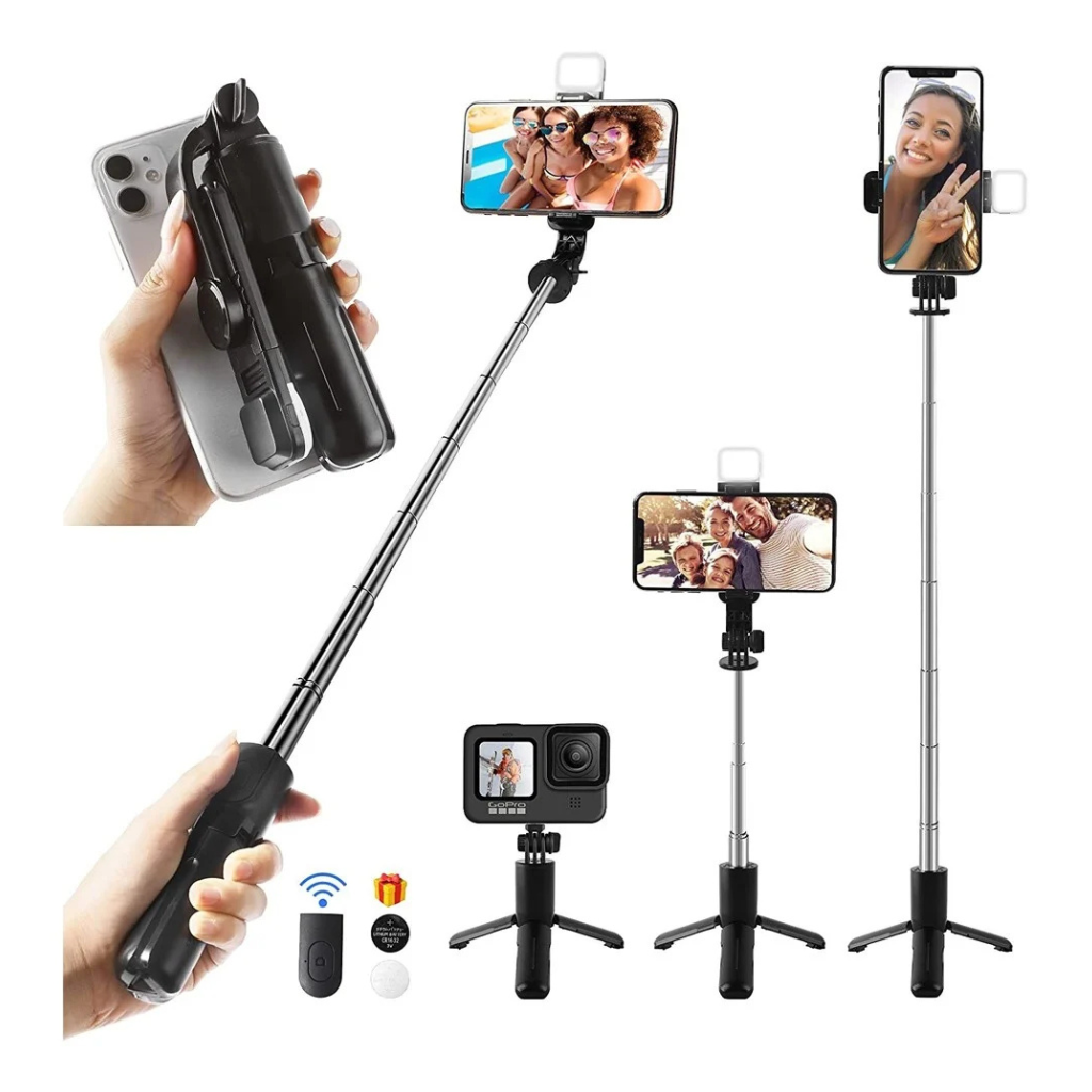 4-in-1 Wireless Selfie Stick Tripod with Bluetooth Shutter & LED Light – Foldable & Rechargeable