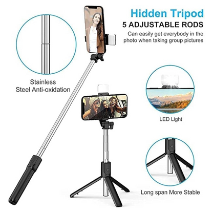 4-in-1 Wireless Selfie Stick Tripod with Bluetooth Shutter & LED Light – Foldable & Rechargeable
