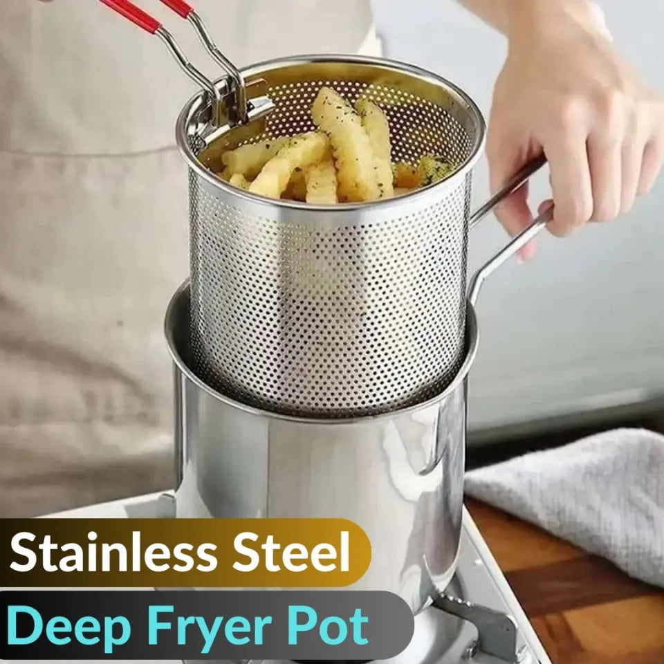 Stainless Steel Deep Fryer Pot with Strainer – 1200ML Heavy-Duty Frying Pan | PakEStore