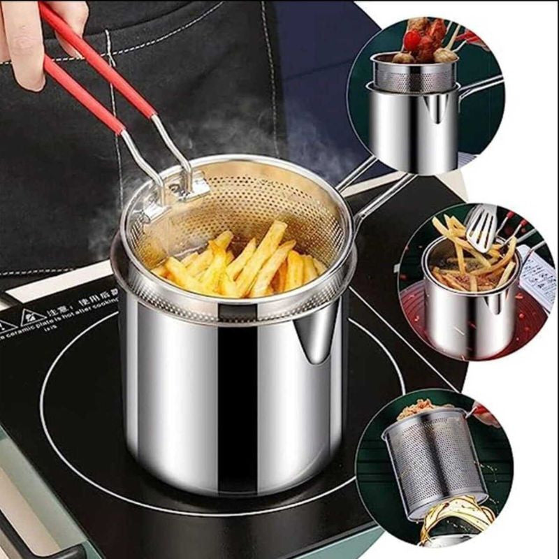 Stainless Steel Deep Fryer Pot with Strainer – 1200ML Heavy-Duty Frying Pan | PakEStore